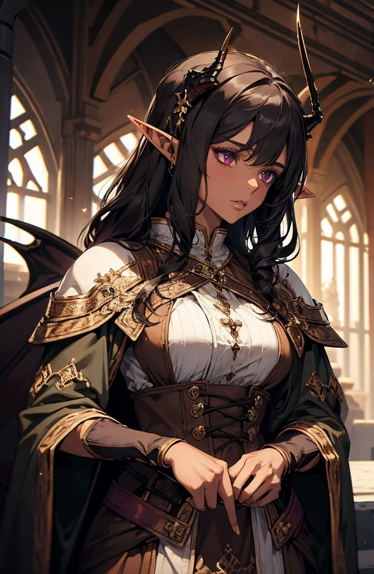 brown skin, older woman, sexy, tall, brown skin, one dragon wing, black hair, elf, elf ears, dragon horns, dark clothing, purple clothing