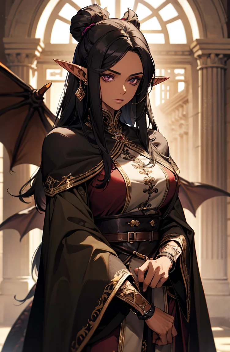 brown skin, older woman, sexy, tall, brown skin, one dragon wing, black hair, elf, elf ears, dragon horns, dark clothing, purple clothing