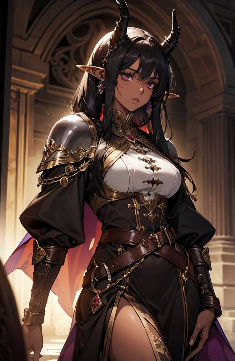 brown skin, older woman, sexy, tall, brown skin, one dragon wing, black hair, elf, elf ears, dragon horns, dark clothing, purple clothing