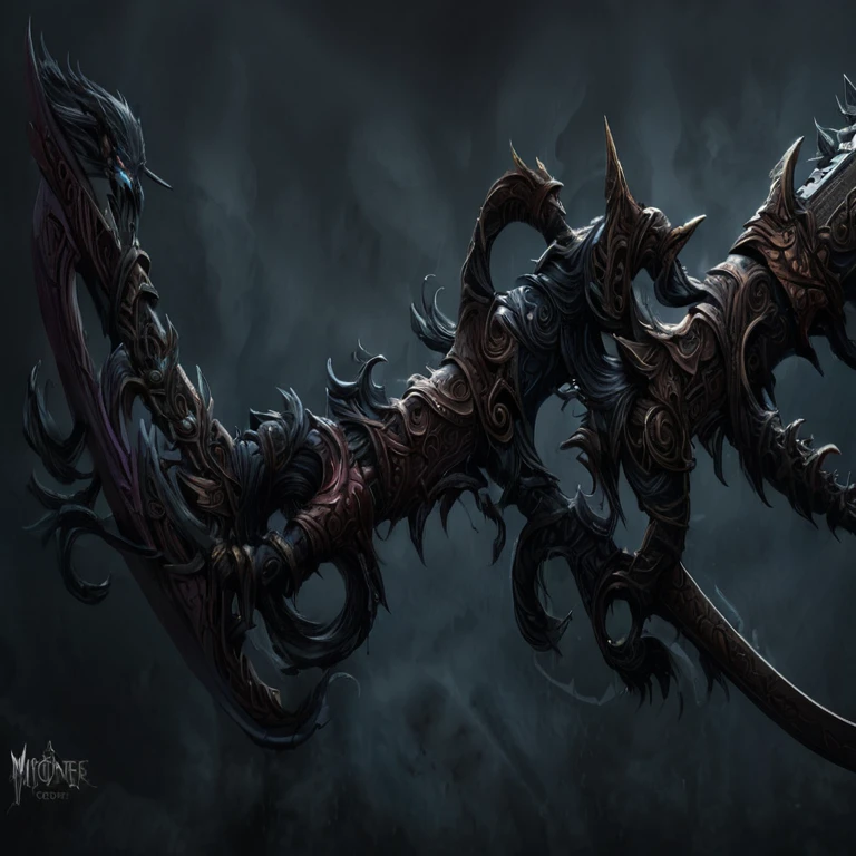 A full image design of a holy, horror, scary, nightmare, spooky, creepy, demonic, Gothic, fantasy, medieval, mythical, magic, mutated, monster sword weapon concept art with creature style pattern, textures, gothcore, weaponcore, 3D model, Unreal engine,