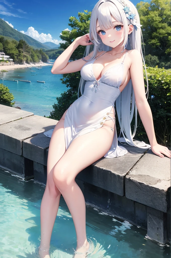 UHD,masterpieces,perfect figure,1girl,solo,white hair,middle breasts,long air,white skin,smooth skin,blue eyes,smilling,speard hair,light-blue dress,beautiful waist,,white panyhose,nake arms,bows in head back,sitting,bright sky,sunny weather,Translucent fabric,cute style,at the sea,looking at viewer