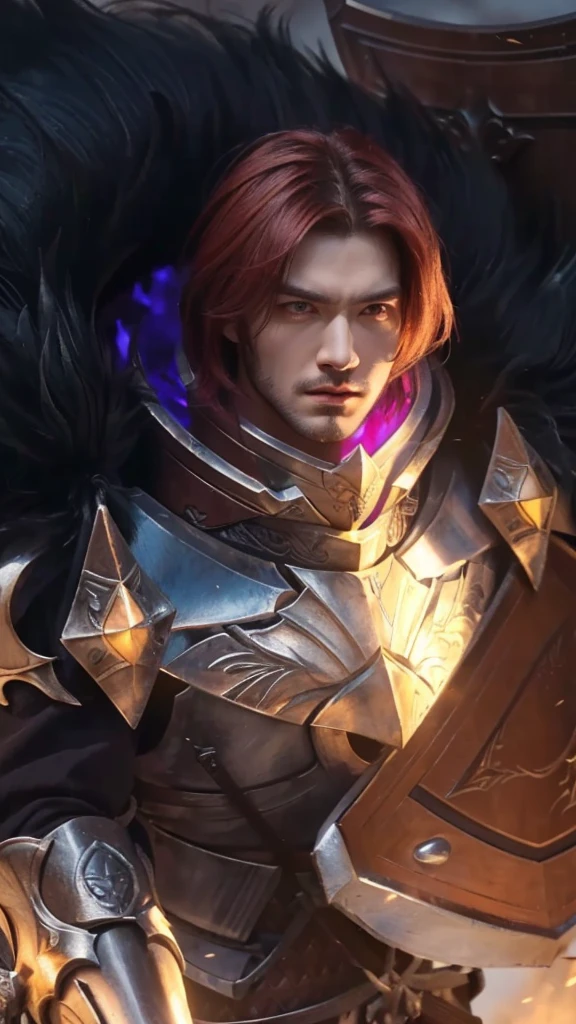 a man in armor with black feather holding a sword and shield, red hair, male paladin, human male paladin, arsen lupin as paladin, highly detailed, hyperrealistic, masterpiece, 8k, cinematic lighting, chiaroscuro, dramatic, intricate armor details, powerful stance, determined expression, heroic, renaissance painting style