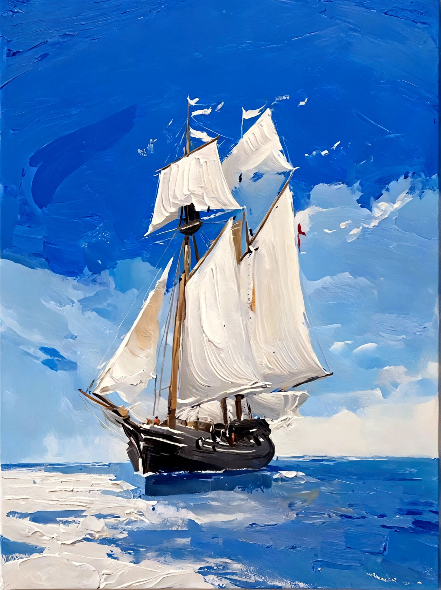Galleon,Perfect proportion,Golden Ocean,Blue sky,bright,White background,real,emotion,Thick textured paint,