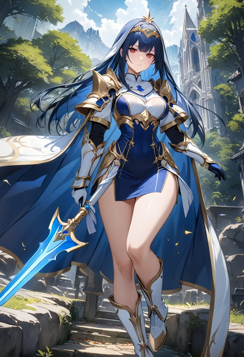 Highest quality、unity 8k wallpaper、32k、masterpiece、Very detailed、Ultra-high resolution、Very detailedな顔, RAW Photos, Professional, Ultra-fine painting,　Midnight blue long straight hair、Platinum tiara with blue gemstones、Blue Nun Cape、Red Eyes、(Tree Eyes), Cool and sharp features, hime cut, 20～A female magical warrior, about 24 years old.、White and gold breastplate、Blue and white leotard、(((Blue and white gold-embellished pencil skirt with side armor and long slits)))、Half puff sleeves with shoulder pads、A large white ribbon with a large sapphire on the chest、White and blue long gloves、White and blue thigh-high stiletto boots、whole body、He has a spear with a glowing blue blade