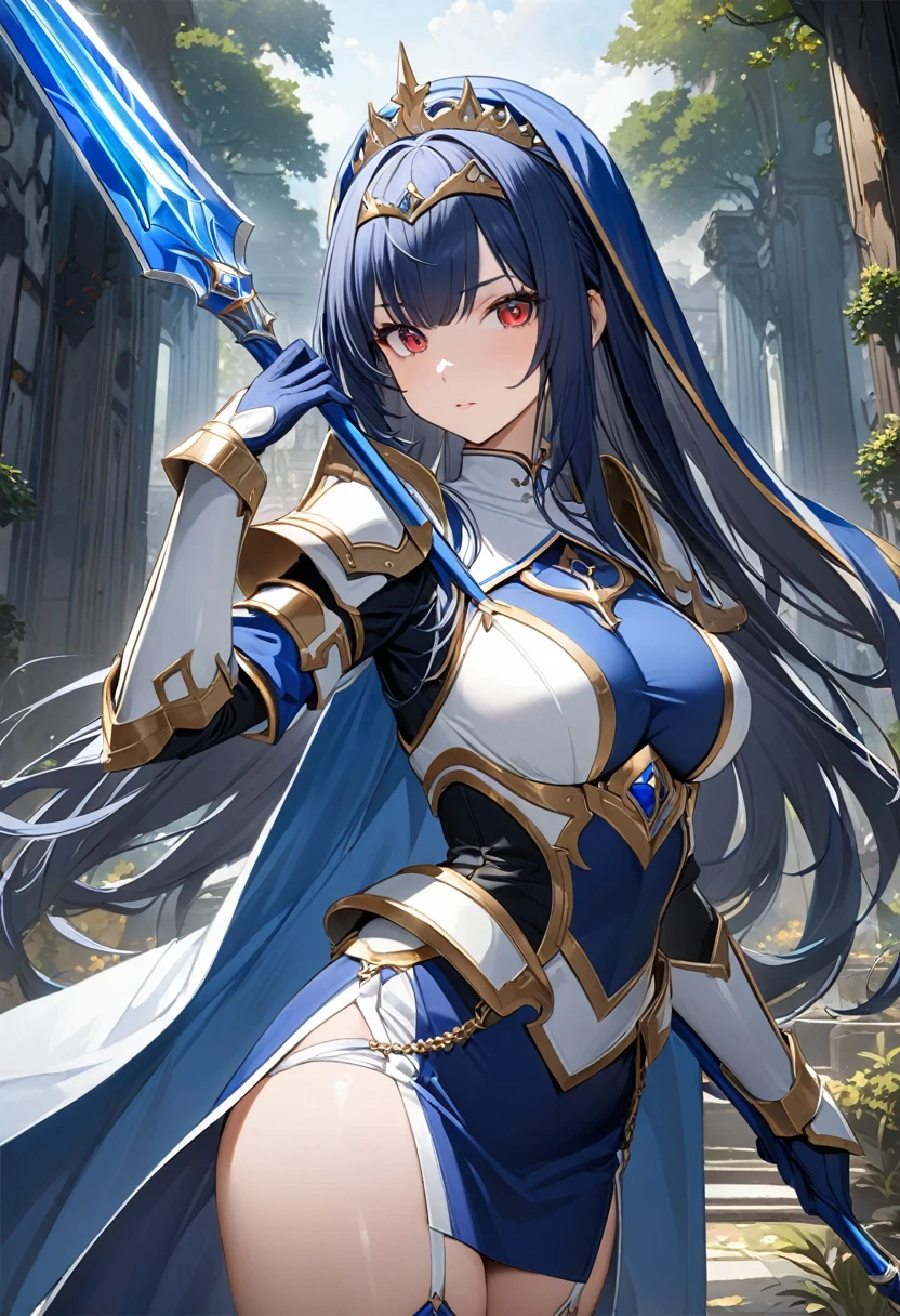 Highest quality、unity 8k wallpaper、32k、masterpiece、Very detailed、Ultra-high resolution、Very detailedな顔, RAW Photos, Professional, Ultra-fine painting, Midnight blue long straight hair、Platinum tiara with blue gemstones、Blue Nun Cape、Red Eyes、(Tree Eyes), Cool and sharp features, hime cut, 20~A female magical warrior, about 24 years old.、White and gold breastplate、Blue and white leotard、(((Blue and white gold-embellished pencil skirt with side armor and long slits)))、Half puff sleeves with shoulder pads、A large white ribbon with a large sapphire on the chest、White and blue long gloves、White and blue thigh-high stiletto boots、whole body、He has a spear with a glowing blue blade