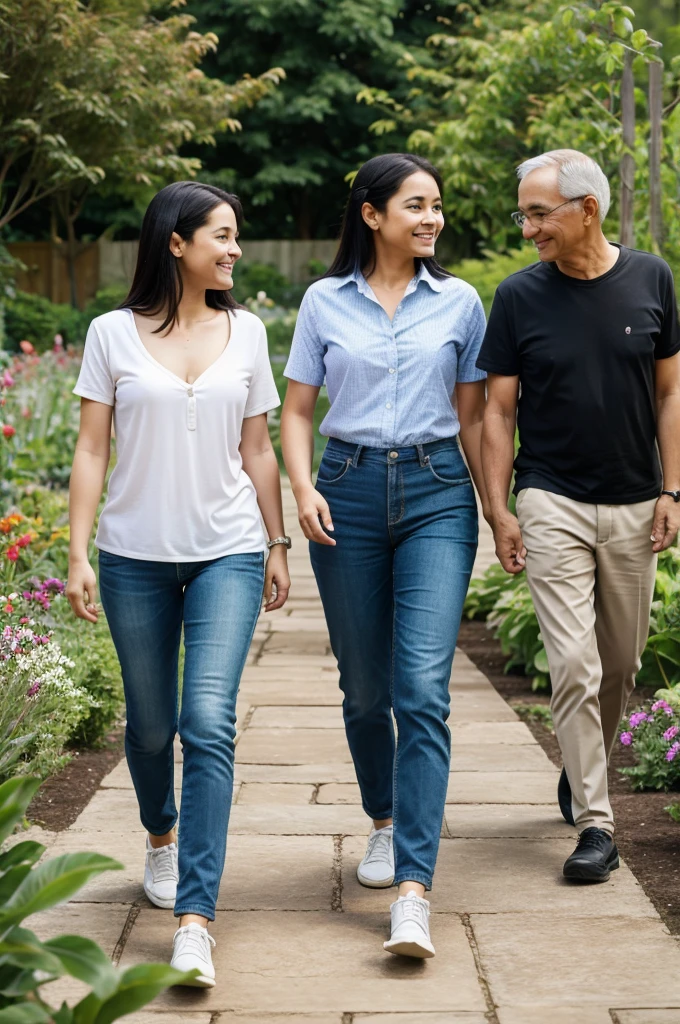A baby girl walking with her parents in garden