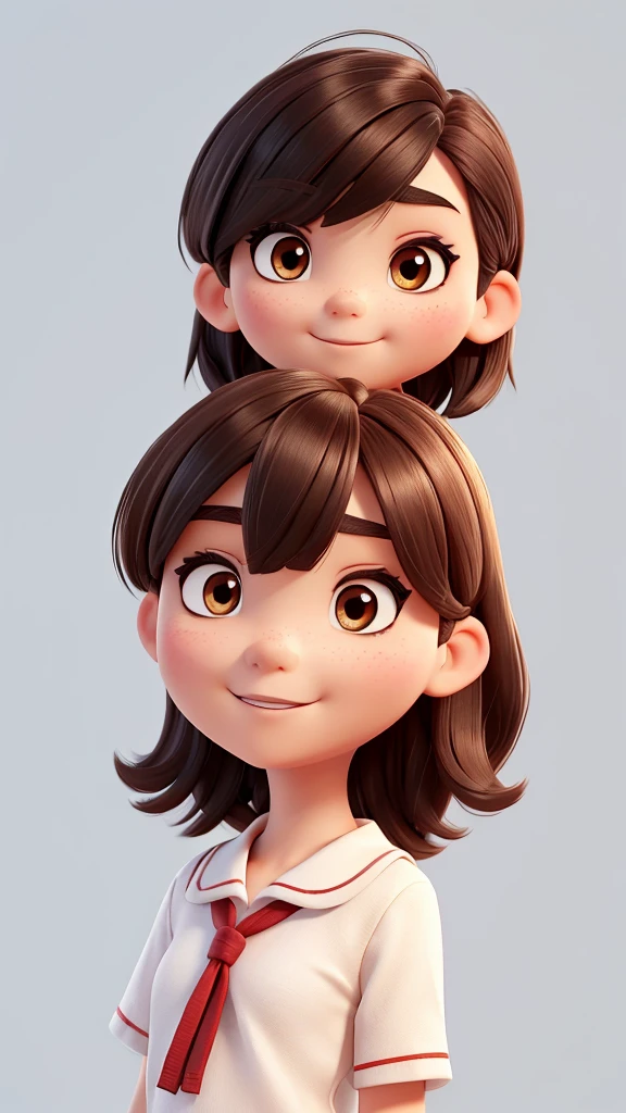Please create an image that adheres to the following characteristics: - Short bob hairstyle - Short bangs on the forehead that expose the eyebrows - Asian features with wide, lively eyes - Natural make-up - Sailor uniform - Simple white background
