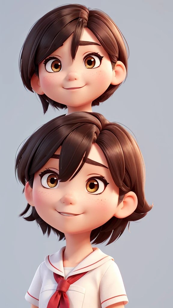 Please create an image that adheres to the following characteristics: - Short bob hairstyle - Short bangs on the forehead that expose the eyebrows - Asian features with wide, lively eyes - Natural make-up - Sailor uniform - Simple white background
