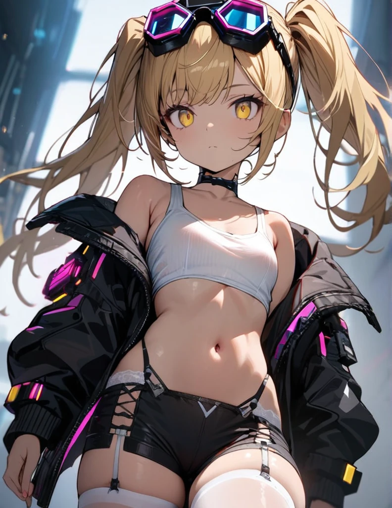 a handsome girl, solo, blond hair, twintails, yellow eyes, cyber punk black jacket, white tank top, goggles on head, [navel], off shoulder, open jacket, black shorts, garter rings, white tights, lighting forward,
expressionless, blurry background, perfect angle, masterpiece, best quality, extremely detailed face,