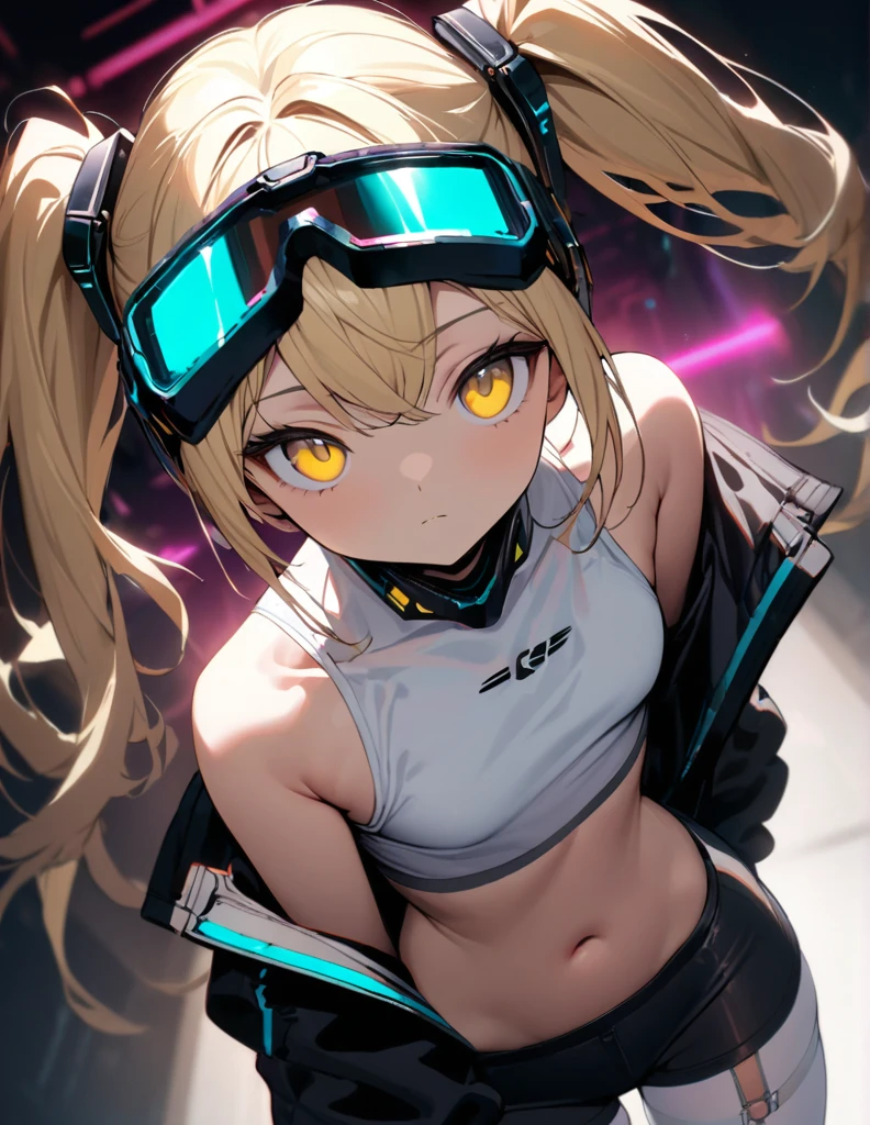 a handsome girl, solo, blond hair, twintails, yellow eyes, cyber punk black jacket, white tank top, goggles on head, [navel], off shoulder, open jacket, black shorts, garter rings, white tights, lighting forward,
expressionless, blurry background, perfect angle, masterpiece, best quality, extremely detailed face,