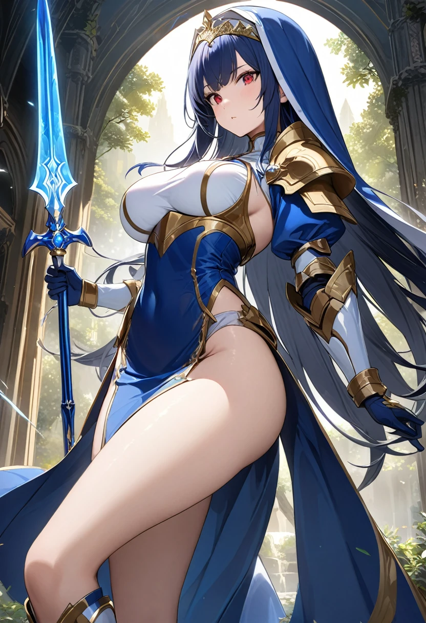 Highest quality、unity 8k wallpaper、32k、masterpiece、Very detailed、Ultra-high resolution、Very detailedな顔, RAW Photos, Professional, Ultra-fine painting, Midnight blue long straight hair、Platinum tiara with blue gemstones、Blue Nun Cape、Red Eyes、(Tree Eyes), Cool and sharp features, hime cut, 20~A female magical warrior, about 24 years old.、White and gold breastplate、Blue and white leotard、(((Blue and white gold-embellished pencil skirt with side armor and long slits)))、Half puff sleeves with shoulder pads、A large white ribbon with a large sapphire on the chest、White and blue long gloves、White and blue thigh-high stiletto boots、whole body、He has a spear with a glowing blue blade