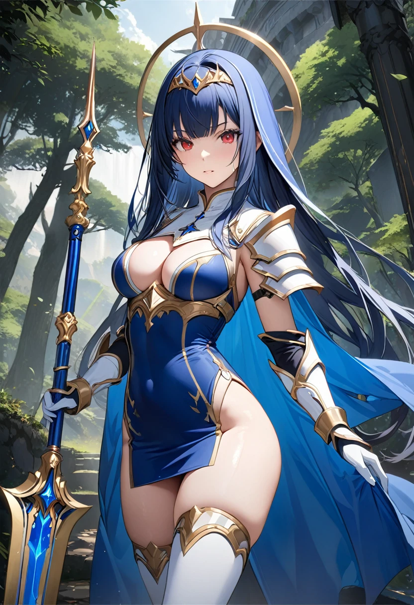 Highest quality、unity 8k wallpaper、32k、masterpiece、Very detailed、Ultra-high resolution、Very detailedな顔, RAW Photos, Professional, Ultra-fine painting, Midnight blue long straight hair、Platinum tiara with blue gemstones、Blue Nun Cape、Red Eyes、(Tree Eyes), Cool and sharp features, hime cut, 20~A female magical warrior, about 24 years old.、White and gold breastplate、Blue and white leotard、(((Blue and white gold-embellished pencil skirt with side armor and long slits)))、Half puff sleeves with shoulder pads、A large white ribbon with a large sapphire on the chest、White and blue long gloves、White and blue thigh-high stiletto boots、whole body、He has a spear with a glowing blue blade