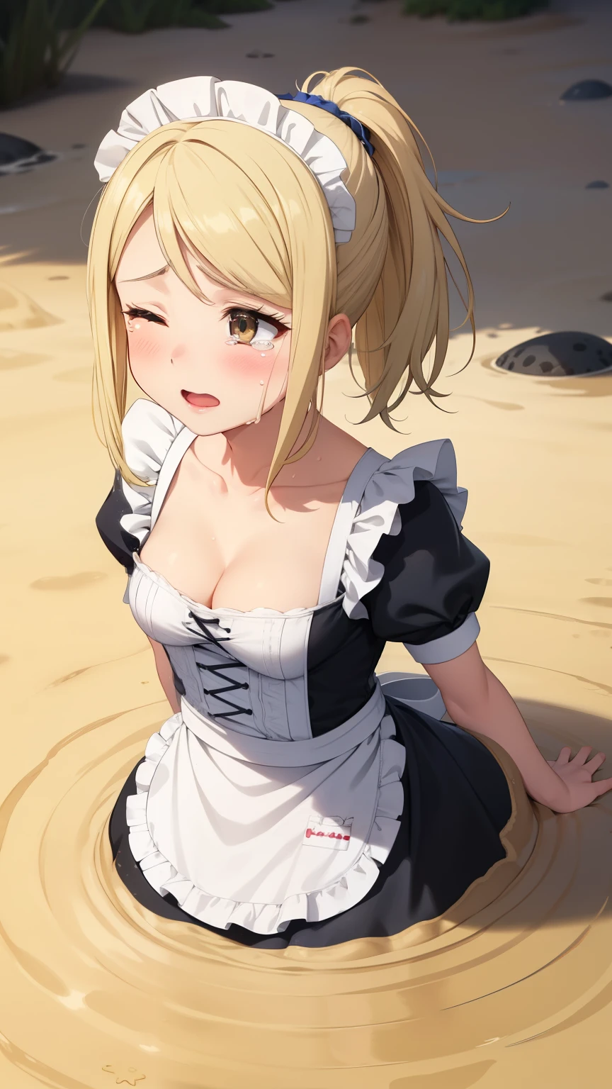 masterpiece, best quality, highly detailed, ultra high res, ayase arisa, 1girl, solo, hair ornament, long blonde hair, glossy lips, medium breasts, eyes closed, tears on cheeks, ponytail, maid, short puffy sleeves, collarbone, cleavage, small maid apron, (quicksand:1.3)