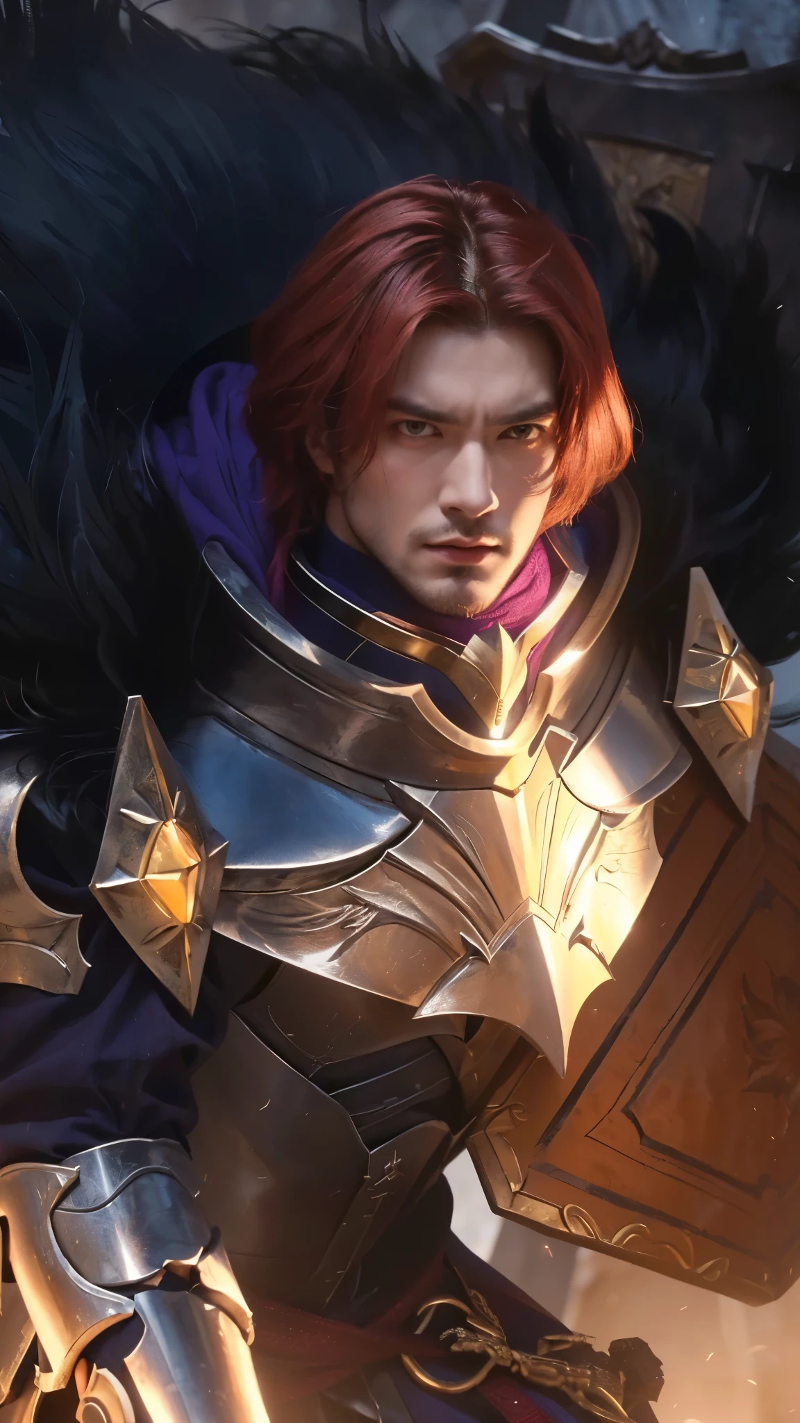 a man in armor with black feather holding a sword and shield, red hair, male paladin, human male paladin, arsen lupin as paladin, highly detailed, hyperrealistic, masterpiece, 8k, cinematic lighting, chiaroscuro, dramatic, intricate armor details, powerful stance, determined expression, heroic, renaissance painting style