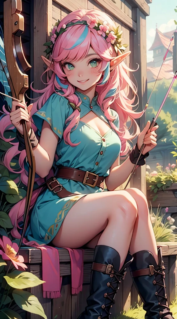beautiful adult women elf, long pink hair and blue streaks hair, green eyes, with flower crown, smile, flirty bard, aiming an arrow from archery weapon, boots, blue and pink armor dress, medium bust,