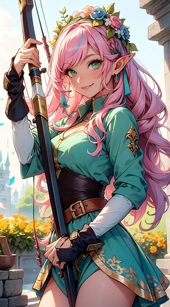 beautiful adult women elf, long pink hair and blue streaks hair, green eyes, with flower crown, smile, flirty bard, aiming an arrow from archery weapon, boots, blue and pink armor dress, medium bust,