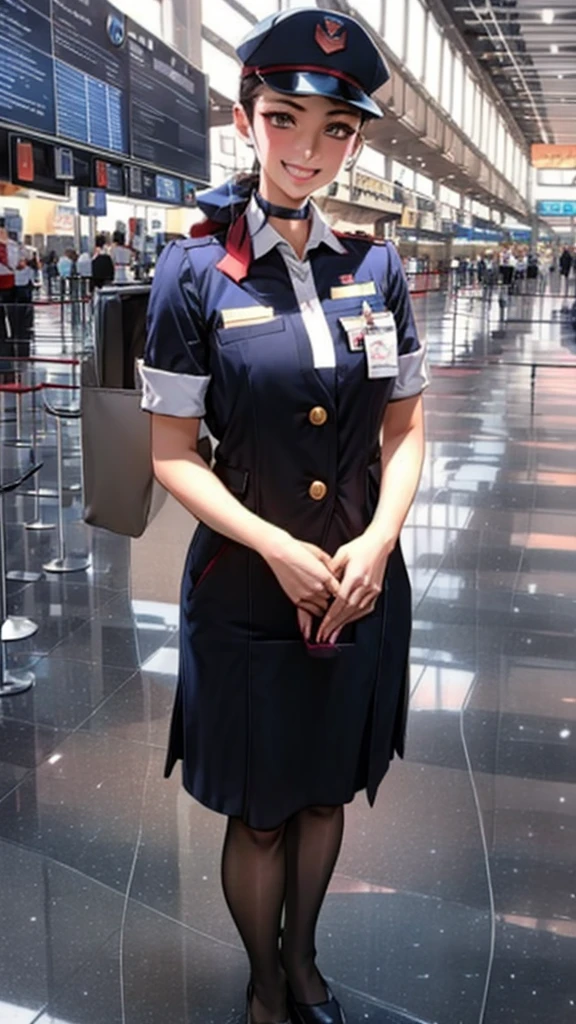 dildo_Under_Cloth,Fullbody,panty drop,A photo of an airport staff member wearing a uniform, standing in a modern airport terminal, with a professional and friendly demeanor.
