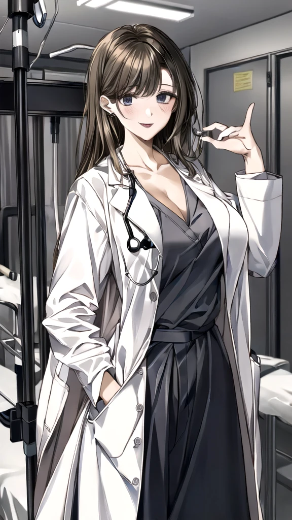 ((masterpiece, best quality, high quality)),1girl, (lower body, hospital), (doctor_uniform, labcoat, stethoscope, doctor),Large Breasts，cleavage，lipstick，Smile，lipstick