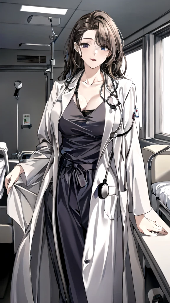 ((masterpiece, best quality, high quality)),1girl, (lower body, hospital), (doctor_uniform, labcoat, stethoscope, doctor),Large Breasts，cleavage，lipstick，Smile，lipstick