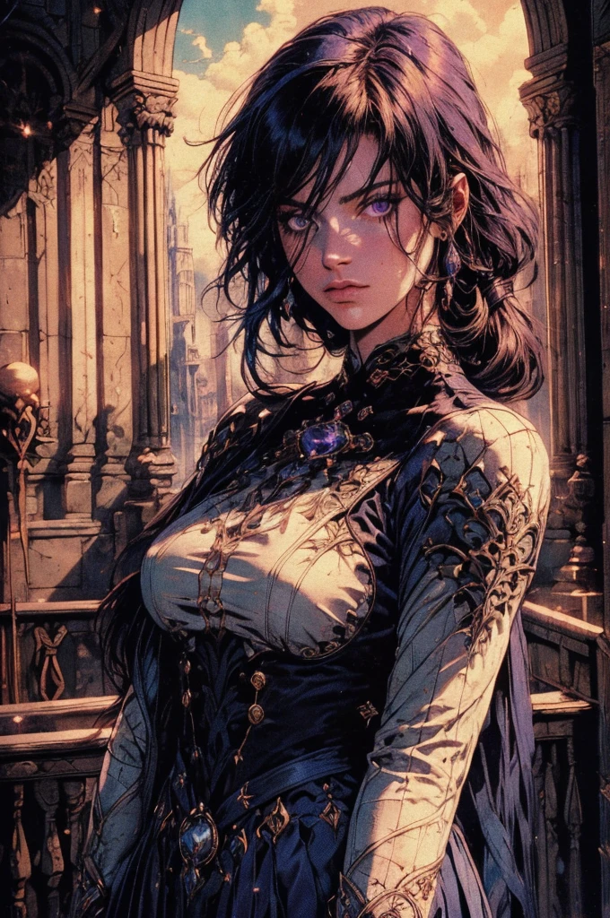 A adult girl in realistic portrait of high quality and detail, Clorinde (Genshin Impact), 1990's style, full-length, dark and mysterious atmosphere, pale skin, glow, eye shadow, 1girl, thriller fantasy, Depth & Perspective, sadness on her face, ponytail purple hair, purple eyes, Mystical powers, fine face, She's standing in the courtroom, indoors, Her white shirt hugs her ample breasts, blue sky, white cloud, looking at viewer, (ultra-high detail:1.2), Masterpiece, Best Quality, Ultra-detailed, Cinematic lighting, 8K, delicate features, cinematic, 35 mm lens, f/1.9, highlight lighting, global lighting –uplight –v 4, cinematic, intense gaze, Cinematic lighting, 8K, high quality, Highest Quality, (Solo Focus), (extremly intricate:1.3), (Realistic), dramatic, masterful, Analog style, (Film grain:1.5), (warm hue, cold tone),  behind back