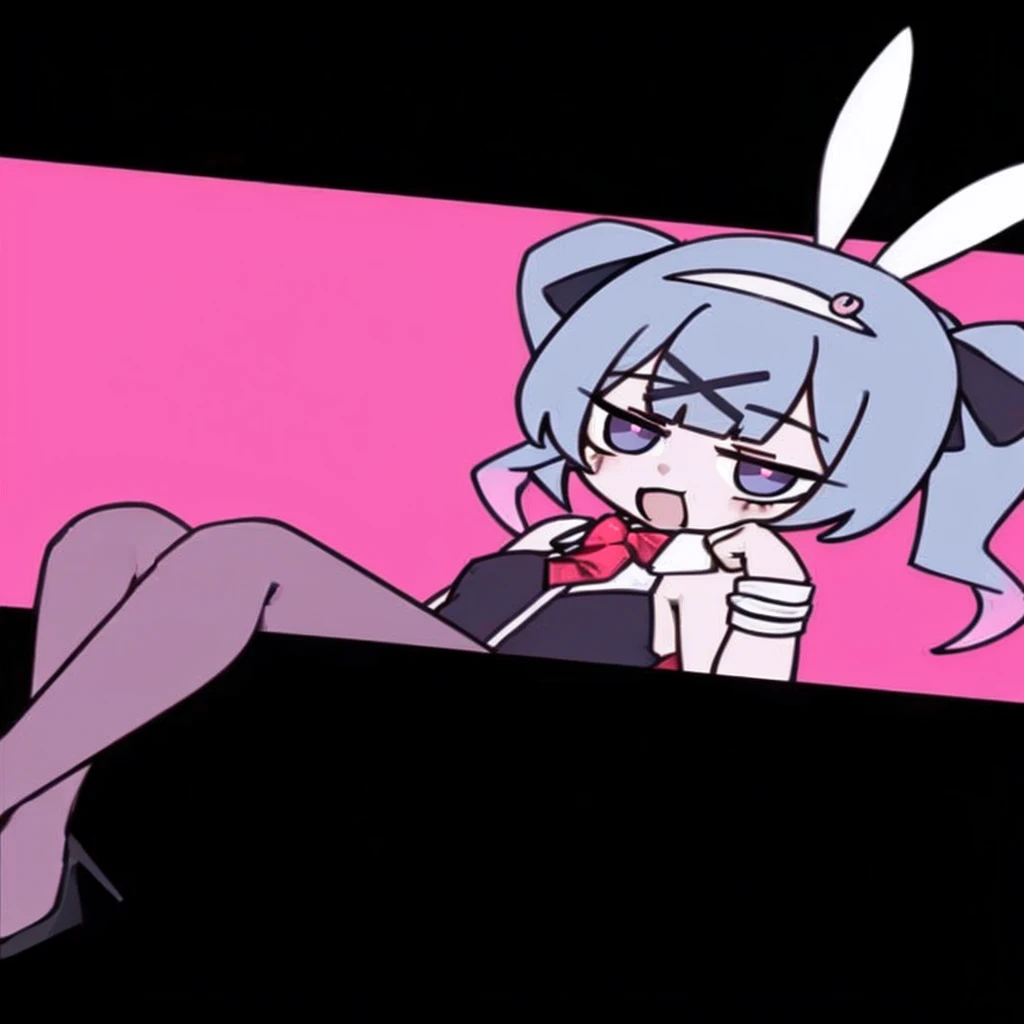 A boy, with bunny suit,seated,posing,smiling,with pink eyes and a big body