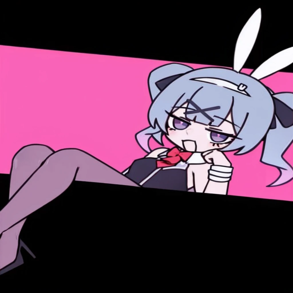 A boy, with bunny suit,seated,posing,smiling,with pink eyes and a big body