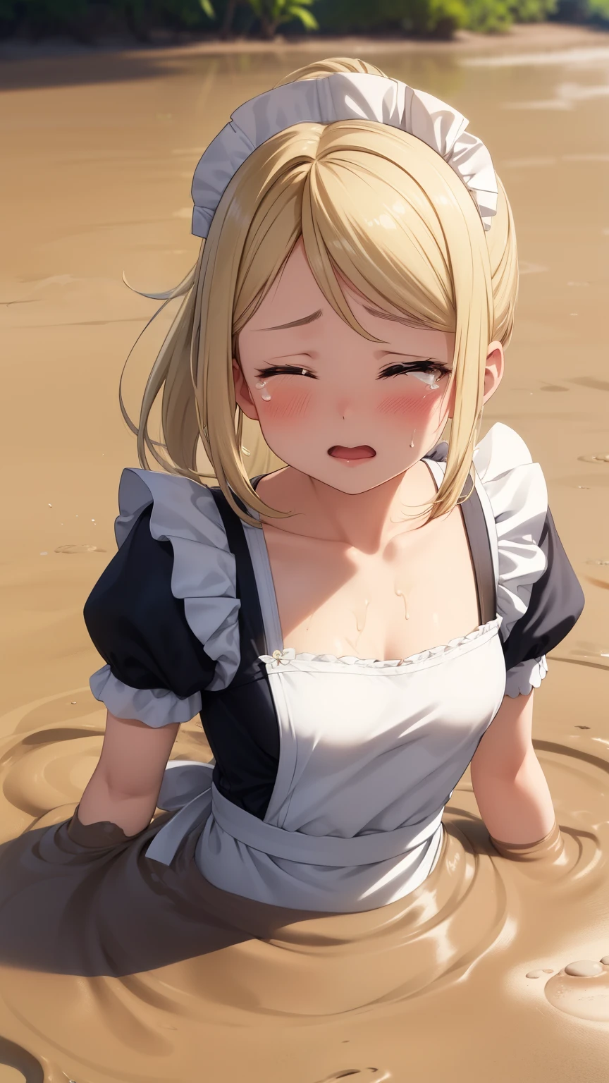 masterpiece, best quality, highly detailed, ultra high res, ayase arisa, 1girl, solo, hair ornament, long blonde hair, glossy lips, medium breasts, eyes closed, tears on cheeks, ponytail, maid, short puffy sleeves, collarbone, small maid apron, (quicksand:1.3)