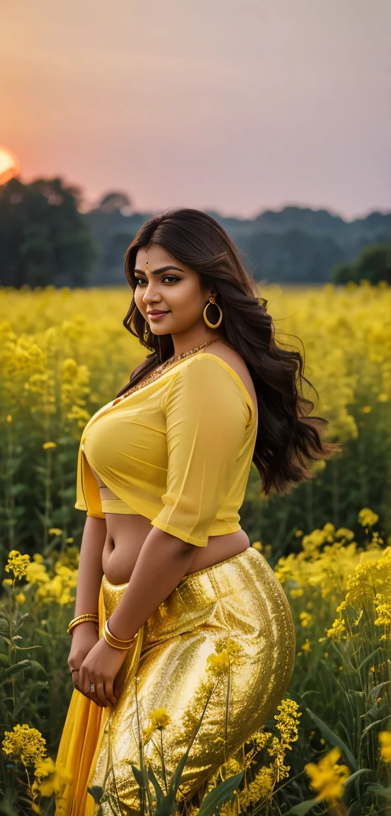 A indian curvy woman is standing in a field of yellow flowers at sunset, wearing a light multiple outfit consisting of a crop transperant dress . She has long, flowing dark hair, gold earrings, a necklace, and gold bangles. The sky is a gradient of warm hues, and trees are visible in the background. Lusty smile 