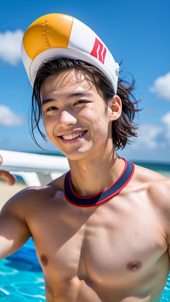 male Age 22 swimwear lifeguard topless smile