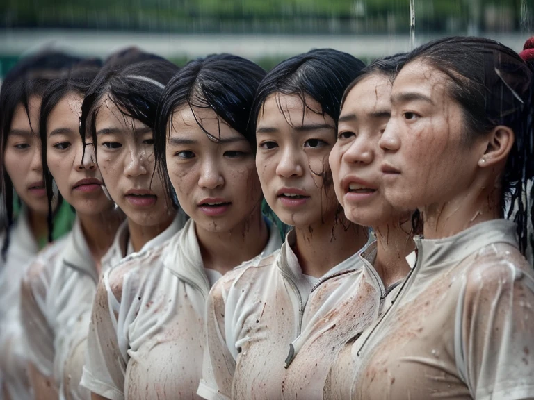 (A plain white short sleeved dirt stained field hockey uniform with a very tight white half zip:1.7)、(A large, dirt-stained, white, square collar: 1.6)、(Red clay ground:1.5)、My hair is wet and messy、(Beautiful Japanese woman covered in dirt:1.6)、Highest quality, masterpiece, Ultra-high resolution, Photorealistic, Raw Photos,Detailed face,(Muscular woman:1.4), (Fastener open: 1.8), (Upper body zoom up:1.0),(Everyone wears the same clothes:1.0), All members are super beauties, (Beautiful Japanese women lined up in orderly fashion: 1.7), (Hair tied up: 1.4), (Gentle expression:2.1), Bright photo, (My whole body is drenched in rain: 1.7), (Covered in mud and earth: 1.0)