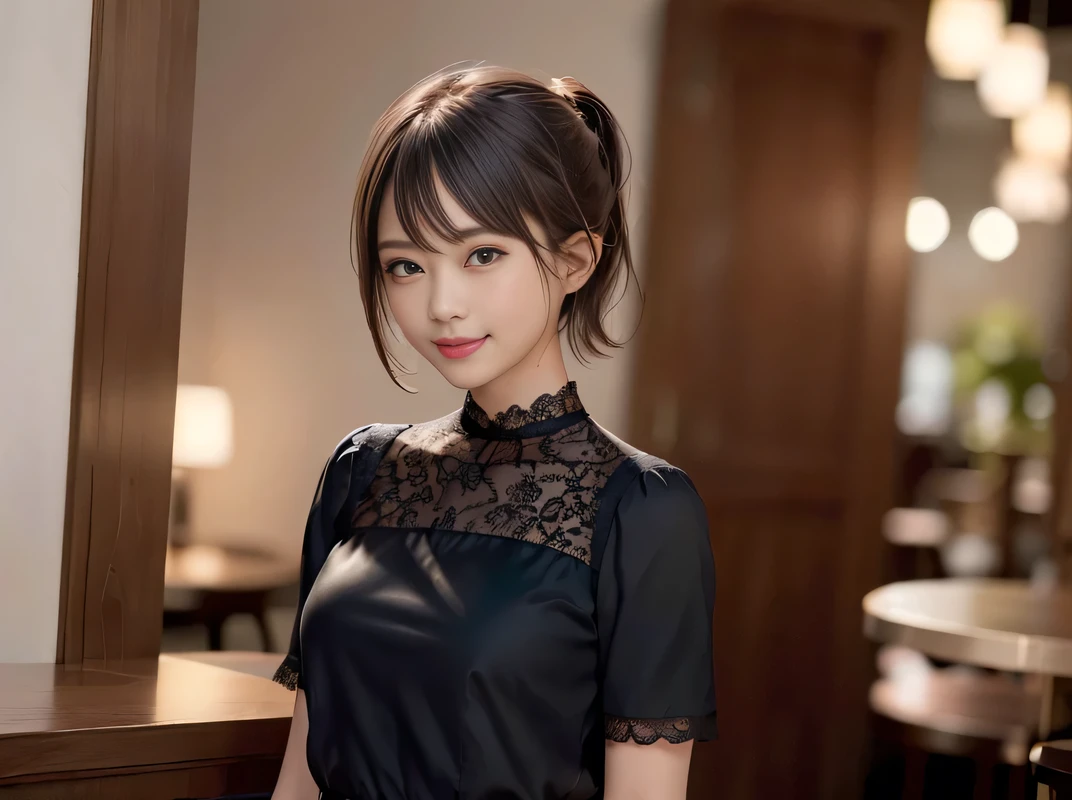 (((8k、High resolution、Highest quality、High resolution)))alone、Natural body shape、1 girl, (Look at the camera with a smile), 20-year-old, OL、cute, Japanese, Gradient Hair Color, Wolf Bob Cut Hairstyle, Ponytail hairstyle, Natural lips, (Glossy Satin Blouse、Tight Skirt、Business Fashion, Ultra-realistic pantyhose), Modern place background, Knee Shot, Face Focus, Fluorescent light, Perfect body, Perfect Arms, Perfect Fingers, Perfect Legs, Perfect Hair, pores, Realistic skin texture, Perfect Teeth, (Low position), (Low Angle)