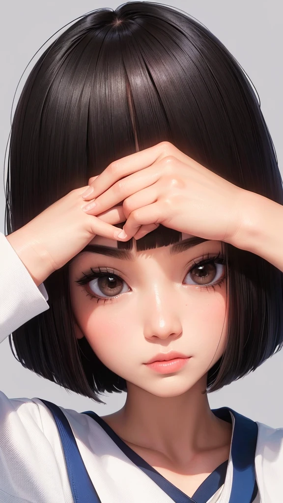 Please create an image that adheres to the following characteristics: - Short bob hairstyle - Short bangs on the forehead that expose the eyebrows - Asian features with wide, lively eyes - Natural make-up - Sailor uniform - Simple white background
