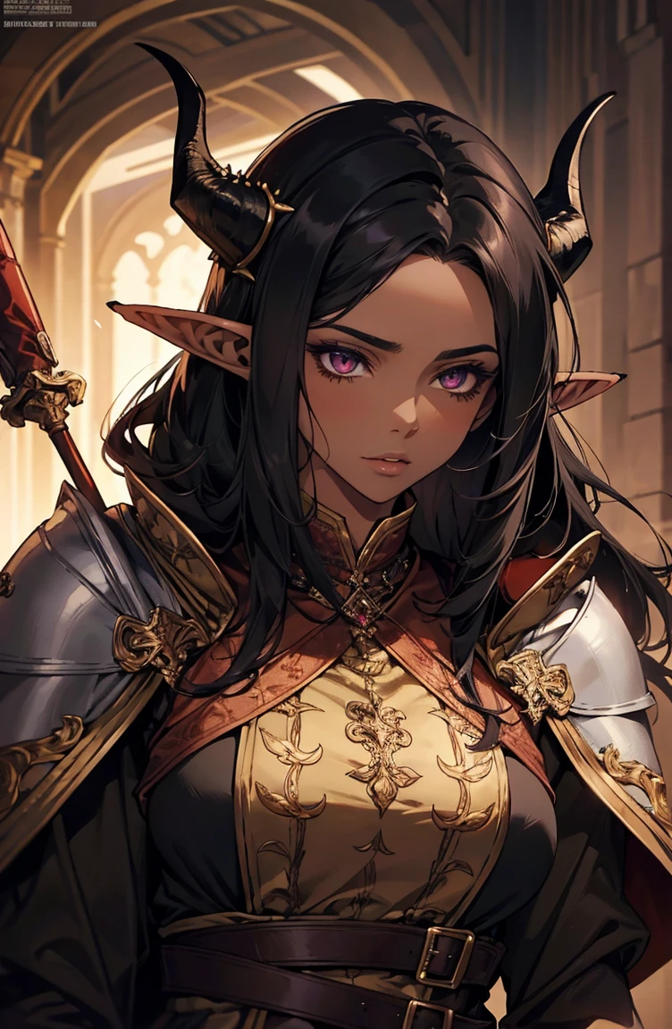 brown skin, older woman, sexy, tall, brown skin, one dragon wing, black hair, elf, elf ears, dragon horns, dark clothing, purple clothing