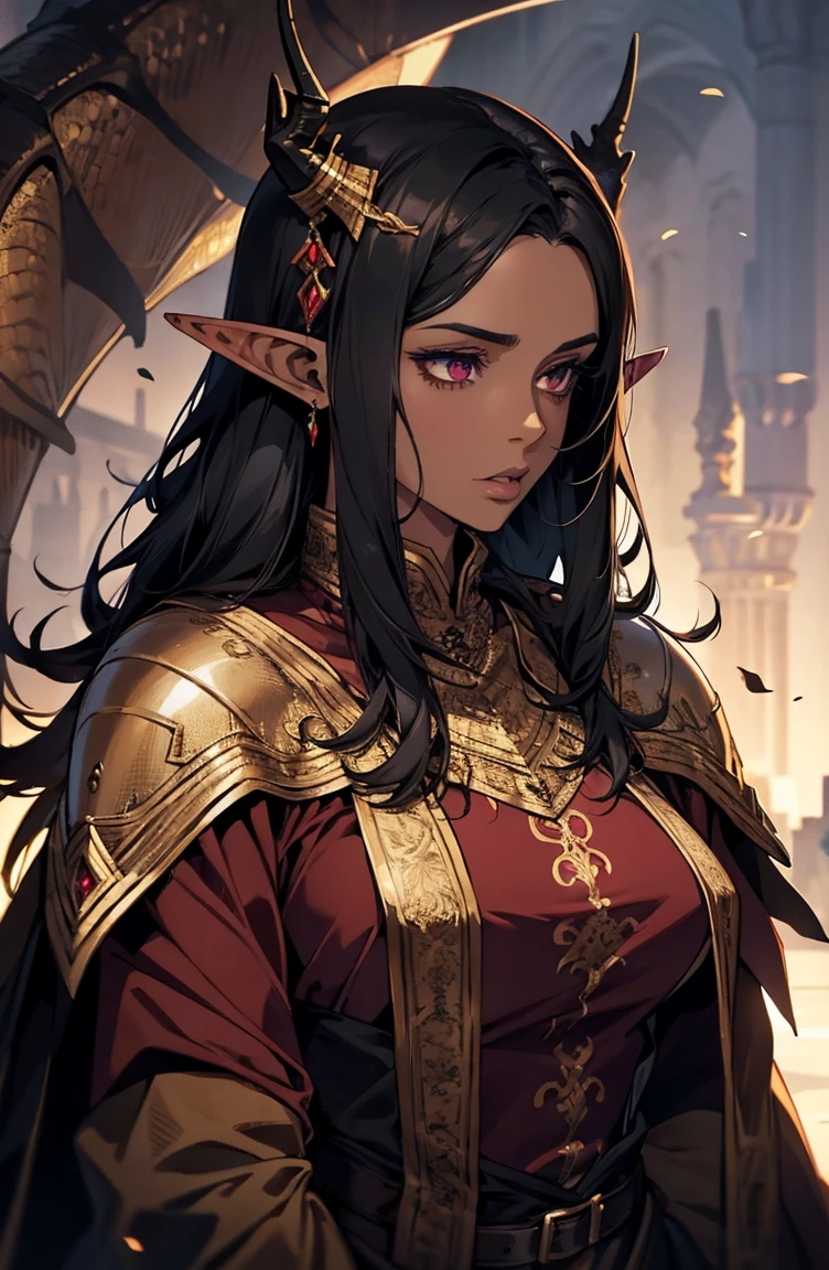 brown skin, older woman, sexy, tall, brown skin, one dragon wing, black hair, elf, elf ears, dragon horns, dark clothing, purple clothing