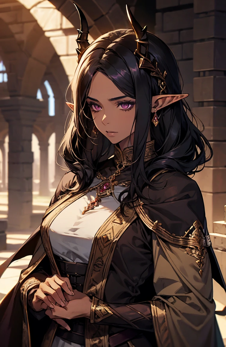 brown skin, older woman, sexy, tall, brown skin, one dragon wing, black hair, elf, elf ears, dragon horns, dark clothing, purple clothing