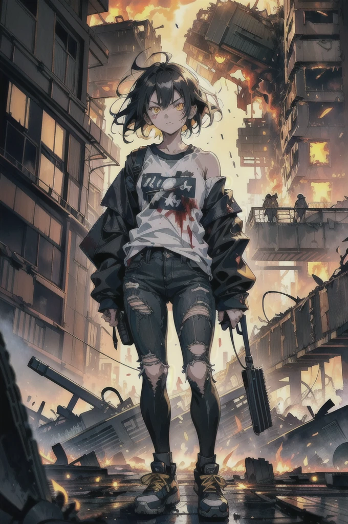 ((1 GIRL)) ((2d anime girl)), ((Japanese)) mature female,18-year-old, ((2d anime girl)), ((short dark-haired)), ((windswept hair)) ((ultra high quality)) ((4k UHD)) ((Best Quality)) ((Daytime)) ((eyes glowing yellow )), wearing a ((black long sleeve shoulderless T-shirt)) sweatshirt with the slogan ((KAIJU)) in RED letters, wearing jeans and black and yellow sneakers with (((blood splattered))) on it and her face, standing in the street ((facing forward)) in a ((ruined city)) filled with ((heavily damaged)) and worn (( tall skyscrapers with gaping holes in their structures while on fire)) and ((crushed vehicles on fire)) and small and ((raging fires all around)) and an expressionless look on her face, with a giant monster kaiju-beast in the distance looking furocious.