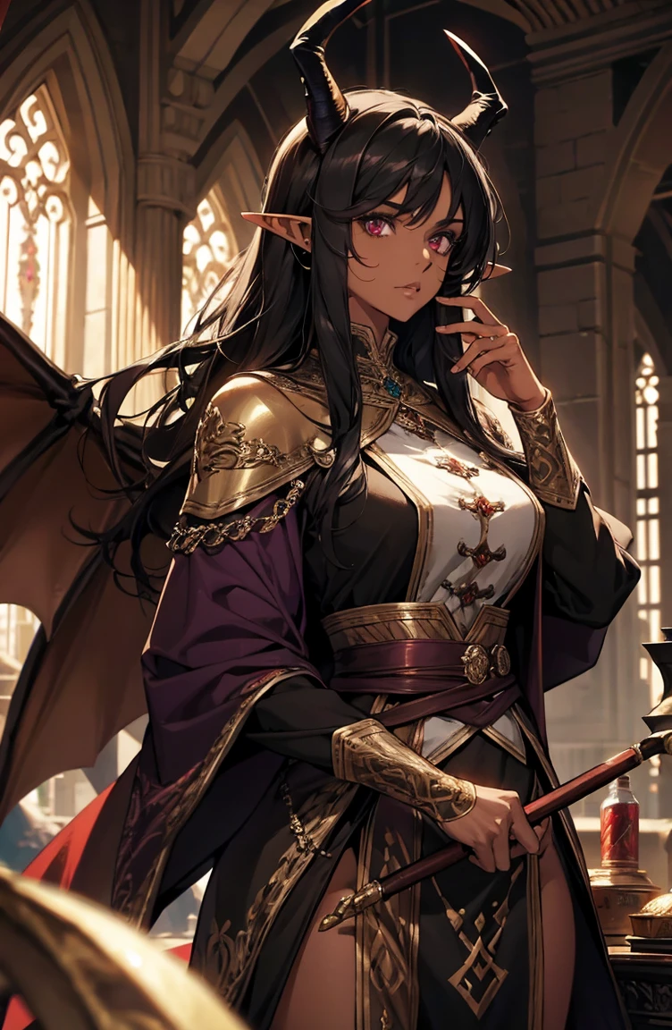 brown skin, older woman, sexy, tall, brown skin, one dragon wing, black hair, elf, elf ears, dragon horns, dark clothing, purple clothing