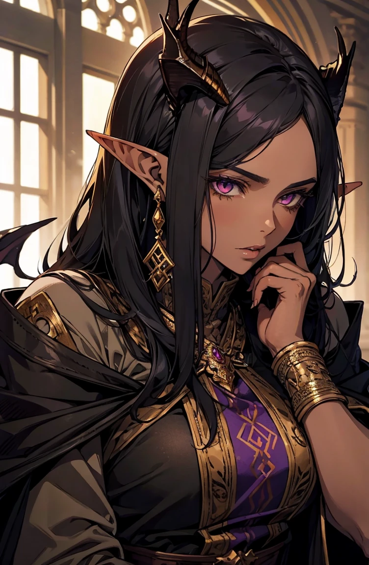 brown skin, older woman, sexy, tall, brown skin, one dragon wing, black hair, elf, elf ears, dragon horns, dark clothing, purple clothing