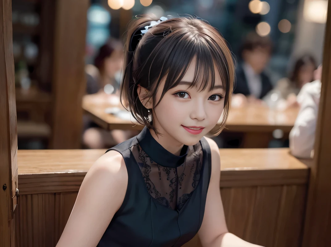 (Highest quality, masterpiece, Ultra-high resolution, 8K, RAW Photos, Realistic, Anatomically correct:1.5), 20-year-old girl:1.2, Embarrassing, avert your eyes, blush:1.0, View Viewer, ((bar)) 、Night view、 Light:1.2, Bokeh, Cinema Lighting:1.0, Depth of written boundary, sharp、 Cute face、Idol、Black short sleeve lace top、Black pleated skirt、Black clothing、”dwarf”、(Floral clothes)、Full Body Shot、Cowboy Shot、 smile、(Ultra short hair、Short ponytail)、(Straight bangs)、((See-through))、(( One Girl))、