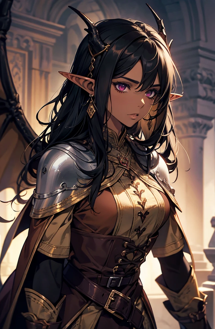 brown skin, older woman, sexy, tall, brown skin, one dragon wing, black hair, elf, elf ears, dragon horns, dark clothing, purple clothing