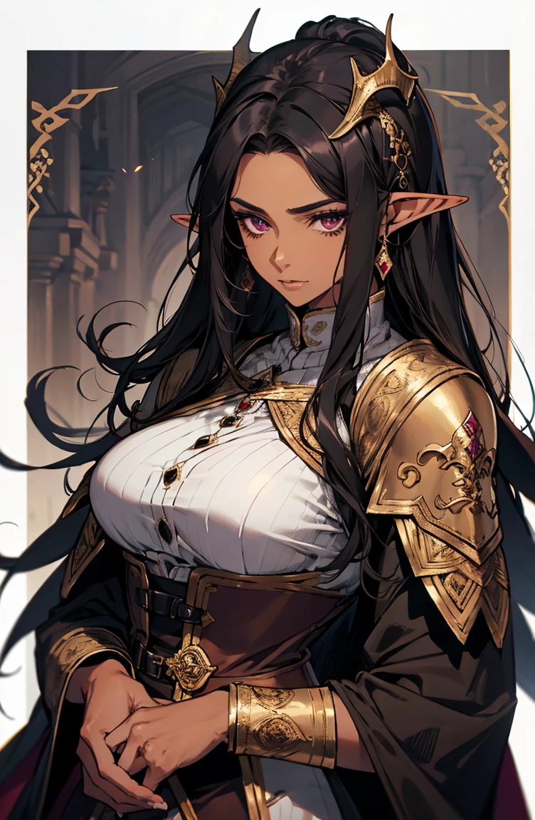 brown skin, older woman, sexy, tall, brown skin, one dragon wing, black hair, elf, elf ears, dragon horns, dark clothing, purple clothing