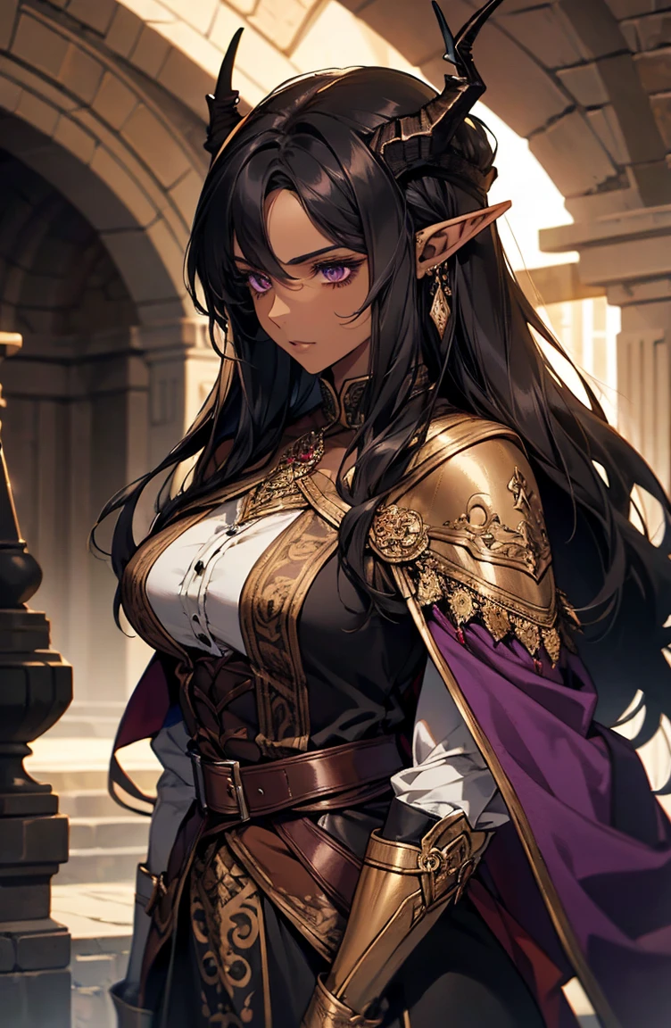 brown skin, older woman, sexy, tall, brown skin, one dragon wing, black hair, elf, elf ears, dragon horns, dark clothing, purple clothing