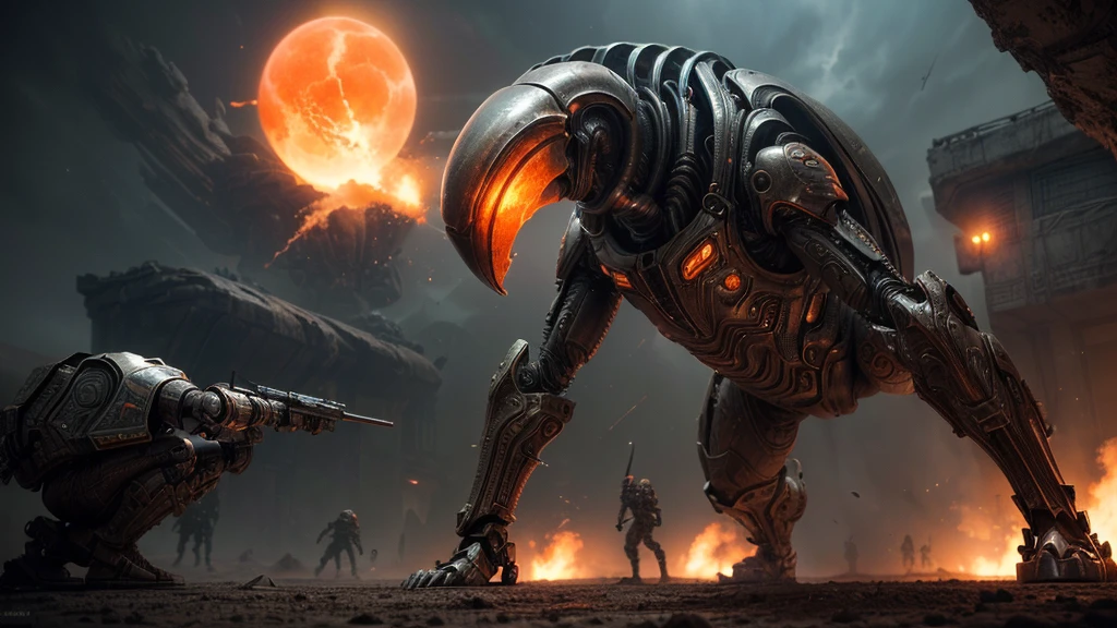 ((( INTRICATE COMBAT PIECE))), ((CARVED STEEL, IMPOSSIBLE), (FORCED PERSPECTIVE VIEW FROM BELOW OF STRAIGHT-LINE BIOMECHANICS OF ALIEN WAR biomechanics of disgusting alien biology) biomechanical alien, unknown, extraterrestrial biology on unknown planet, HEAVY atmosphere with dust particles suspended in the air red - orange WITH SULFUR