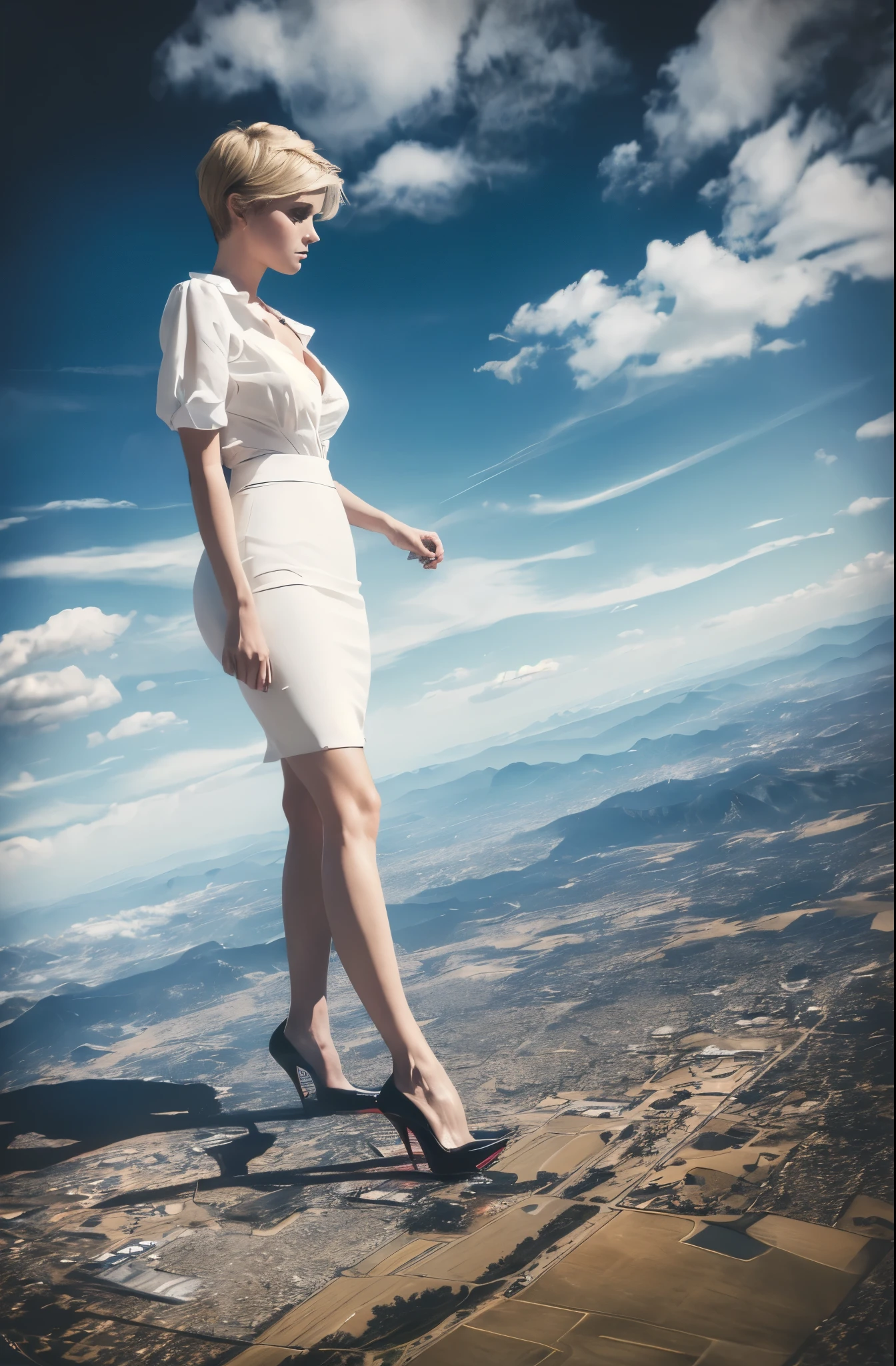 Beyonce, (masterpiece, best quality, best shadows, best shading, perfect hands, perfect face, cinematic lighting, colorful, ultra-detailed, beautiful photography, character focus, extremely-detailed, photorealistic, hyper photorealism, atmospheric), (rural destruction:1.2), (giantess, stereotypical office worker), (dirty, filthy, unwashed, sweaty, unkempt, angry, tired, exhausted, annoyed), (walking, mid stride, stepping down on, stomping, crush, rampage), (black patent Louboutin pointed toe pumps, high heels, stiletto heels), ((revealing crisp white blouse, short black pencil skirt)), (long straight hair with front bangs), (high altitude photography, satellite view), (exposed cleavage, heaving bosom, legs), (urban sprawl, farmland and small towns, destruction, buildings, roads), (cloudy, overcast, clouds and atmosphere partly obscuring the subject, hazy atmosphere, haze in foreground, wispy clouds)