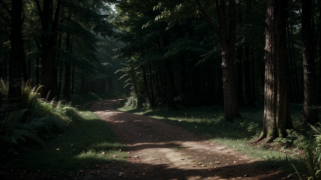Tabletop role playing game map, A village surrounded by dense and mysterious forests, high quality, Incredible details and engaging atmosphere. Add dramatic lighting elements and shadows to increase the immersion of your scene. This road leads to a village