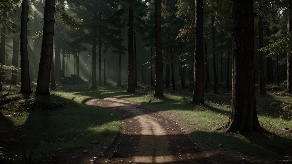 Tabletop role playing game map, A village surrounded by dense and mysterious forests, high quality, Incredible details and engaging atmosphere. Add dramatic lighting elements and shadows to increase the immersion of your scene. This road leads to a village
