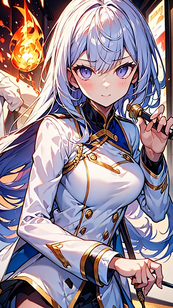 highest quality,(highest quality)),((table top)),((perfect face)),(background blur),1 girl.white uniform,white Jacket,Jacket,cane,woman,Has a magic cane,Flames flutter,Platinum and golden hair,purple eyes