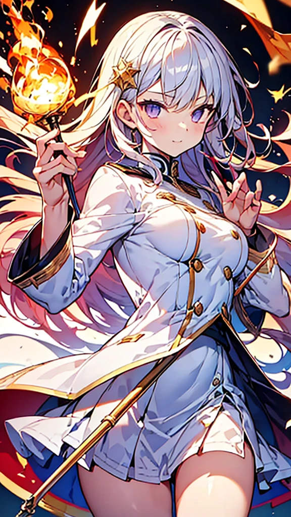 highest quality,(highest quality)),((table top)),((perfect face)),(background blur),1 girl.white uniform,white Jacket,Jacket,cane,woman,Has a magic cane,Flames flutter,Platinum and golden hair,purple eyes