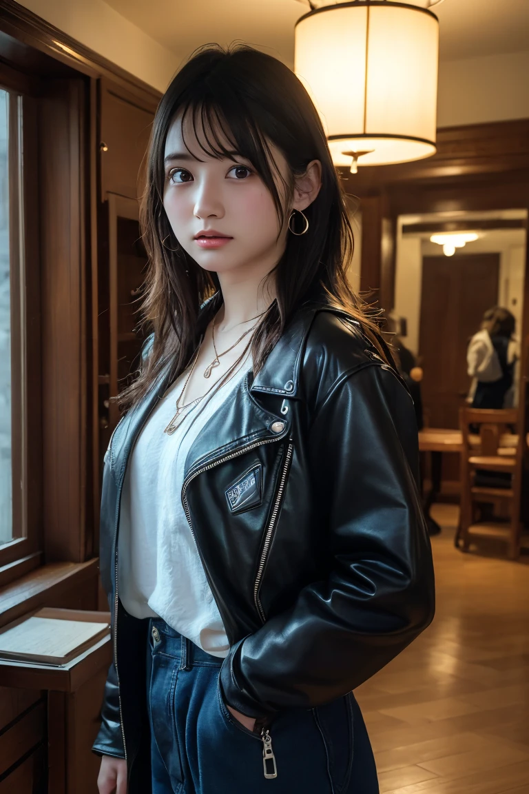 (Highest quality:1.4),(masterpiece:1.4),(Realistic:1.4),(Realistic:1.2),(超High resolution, RAW Photos:1.4),(High resolution, Ultra-detailed:1.2),(8K:1.2),View your viewers,Cinematic photography,One girl,skeletally correct,Black-haired woman,(Small earrings,necklace,Angel Cosplay,View from the front),(Western-style building interior,Dimly lit room,The lamplight shines on my cheeks)