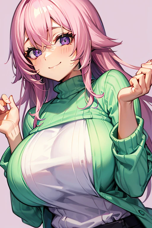 Woman in pastel green sweater big breasts smile long pastel pink hair purple eyes